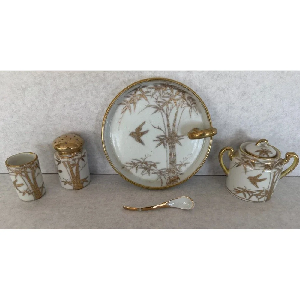 Gold Porcelain Condiment Set, Made in Japan, Mini or Demitasse Size